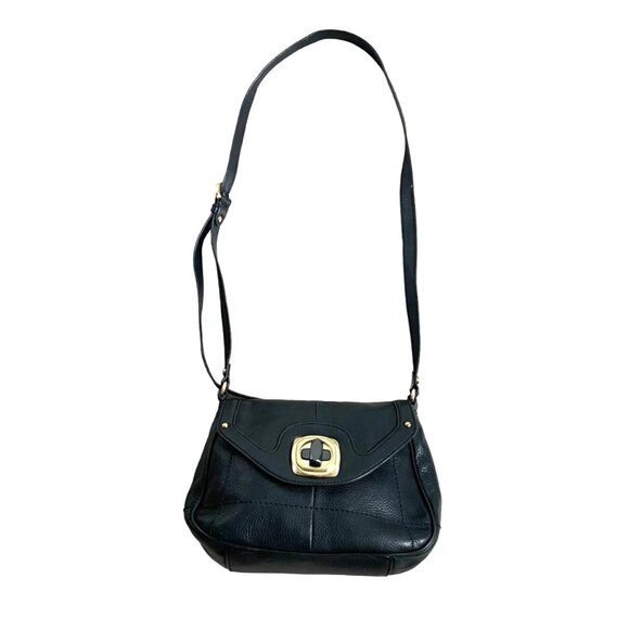 B Makowsky Leather Flap Top Cross Body Bag Lock Hardware Black Fashion Trendy - Picture 1 of 9